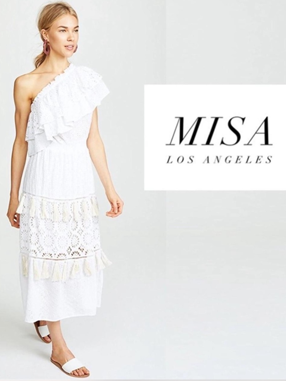 MISA Los Angeles One-Shoulder White Eyelet & Tassel Midi Dress